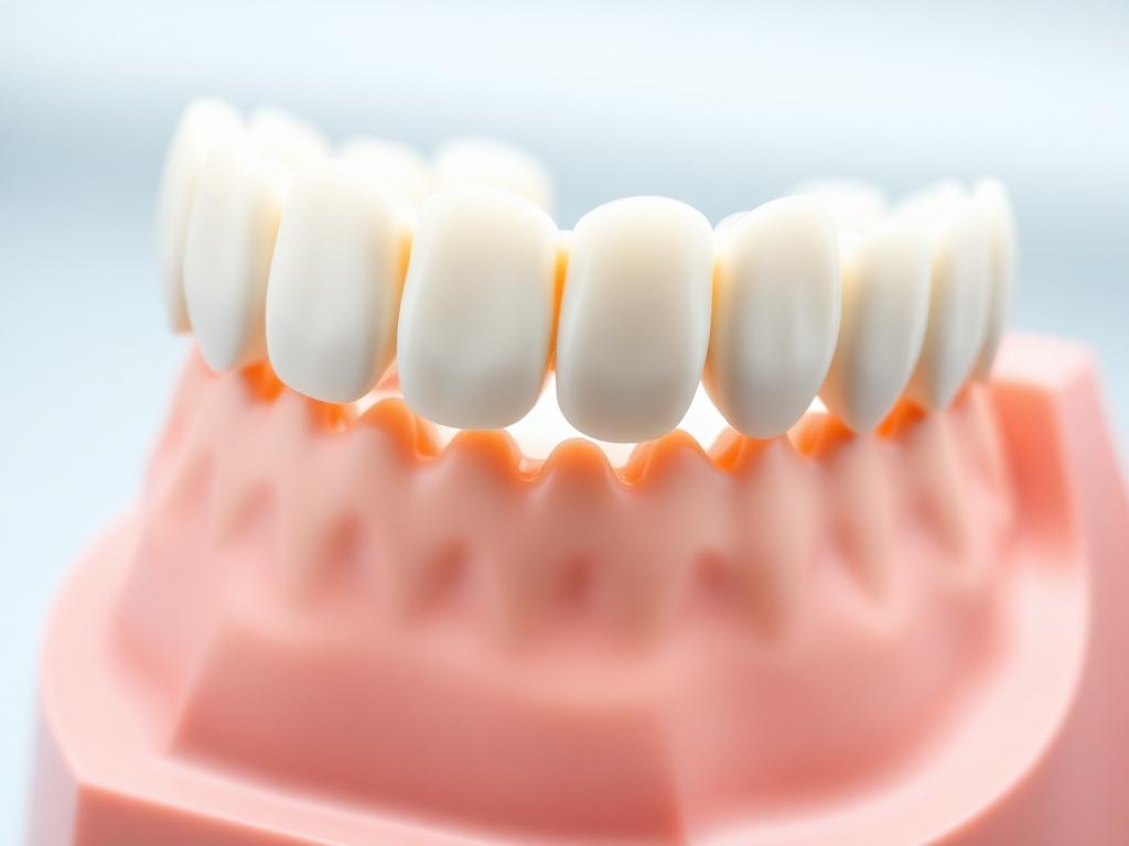 Puente dental de cerámica sobre modelo de encía en clínica dental de Moratalaz, Madrid