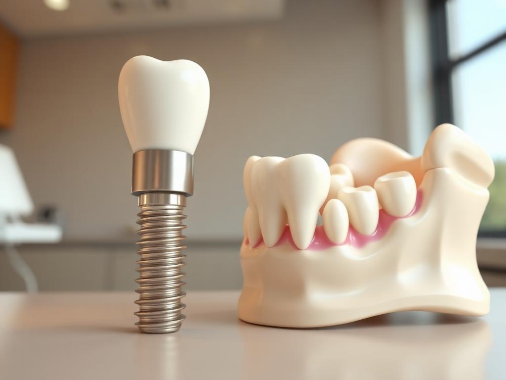 Implante dental de titanio con corona junto a modelo de mandíbula en clínica dental de Moratalaz, Madrid